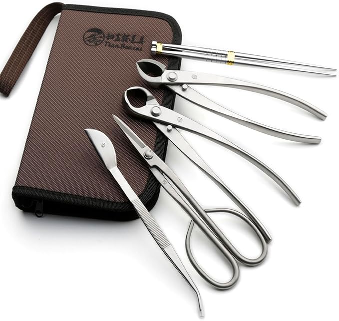 TianBonsai Bonsai Tools 5-Piece Alloy Steel Bonsai tool Kit In Cluding 210mm Long Handle Scissors / 205mm Branch Cutter / 205mm Knob Cutter / 200mm Straight Root Hook/Tweezers (NBK5-01)