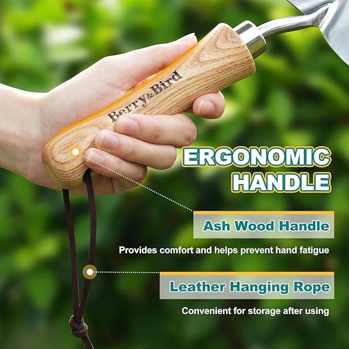 Berry&Bird Potting Trowel, Stainless Steel Serrated Hand Shovel, Wood Handle Garden Trowel Tool with Measuring Scale for Effortless Digging,Roots,Planting, Cutting and Transplanting