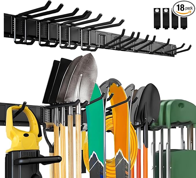 64'' Garage Tool Organizer Wall Mount, 18 PCS Adjustable Garden Tool Hanger Rack, Garage Hooks Heavy Duty, Shovel Holder Wall Mount, Storage Hooks for Hanging in Garage