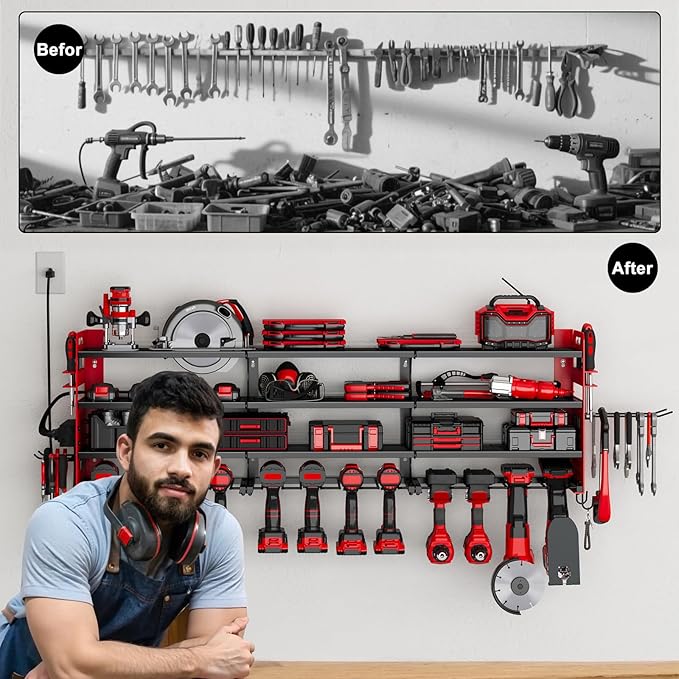12 Cordless Drill Holder Large Power Tool Organizer Wall Mount with Side Pegboard & Screwdriver Holder, 4-Tier Heavy Duty Metal Tool Storage Rack with 4-Outlet Power Strip