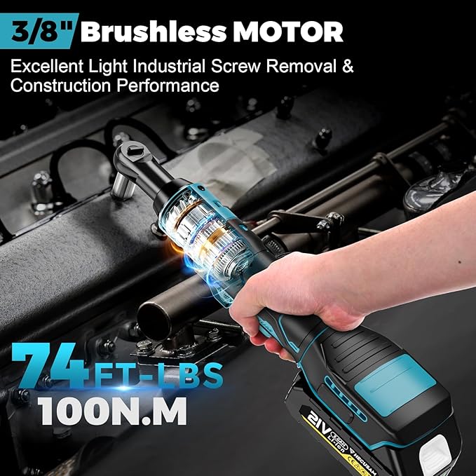 74 Ft-lbs 21V Cordless Ratchet Wrench Set, 3/8" Electric Ratchet, 800 RPM Power Brushless Motor with LED Light, 8 Laser Sockets, 1/4" Adapter, 3" Extension Bar, 2x2.0Ah Batteries