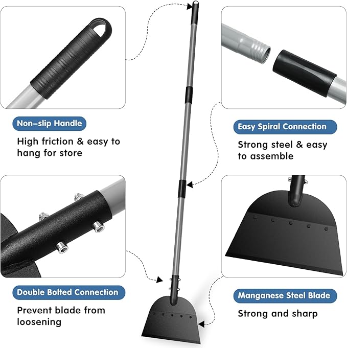 REAPALOT Multifunctional Garden Cleaning Shovel, 53.5inch Heavy Duty Flat Shovel, Stainless Steel Long Handle Lawn Edging Scraper, Outdoor Floor Scraper for Weeding and Snow Ice Removal - Grey