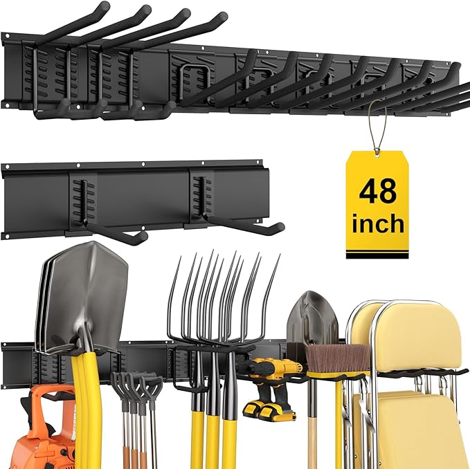 48" Garage Tool Organizer Wall Mount, Garden Tool Organizer, Garages Organizers with Adjustable Hooks, Tool Storage Rack Bearing 440lbs (3 Racks, 9 Hooks)