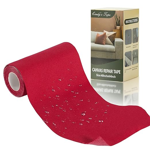 Canvas Repair Tape, 4×63 Inches Red Waterproof Self-Adhesive Patch for Outdoor Gear, Durable and Weatherproof Fabric Tape for Boat Covers, Tents, Couch,Sofas, Sun Shades, Awnings, and Lounge Chairs