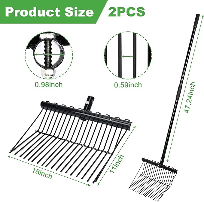 lukar 2 Sets Metal Manure Fork with Long Metal Handle, 18 Tines Manure Fork Head Horse Manure Rake, Heavy Duty Gardening Muck Rake for Picking Up Manure, Grass and Hay