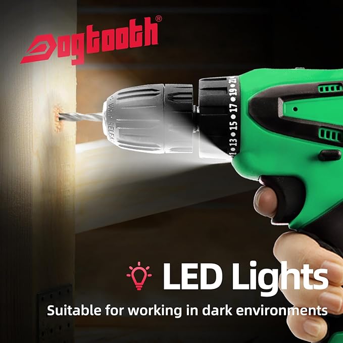 DOGTOOTH 21V MAX Cordless Battery Powered Drill Driver, 1* Battery and Charger, 2 Variable Speed, Build-in LED Lights, 23 Bits Storage Kit - Green