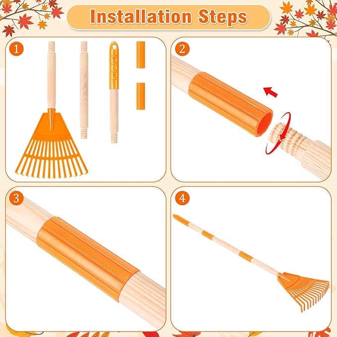 4 Pcs 35'' Kids Rakes for Leaves - Plastic Rake Head with 4 Pairs Kids Gloves, Small Kids Lawn Rakes Detachable Wooden Handle, Autumn Garden Tool Set for Kids Boys and Girls, Orange, 3yr+