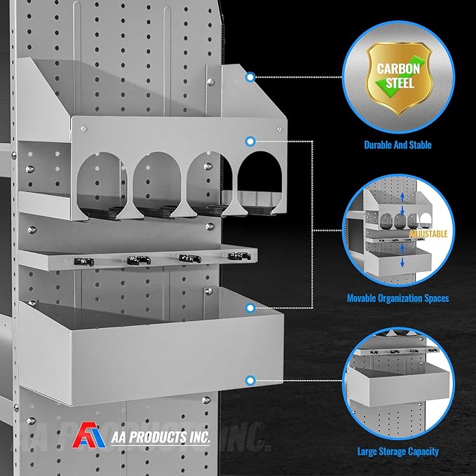 AA Products P-SH-Power Tool Organizer Wall Mount Designed for 16''D Van Shelving Storage, Three Layer 16" W Steel Power Tool Charging Station Organizer