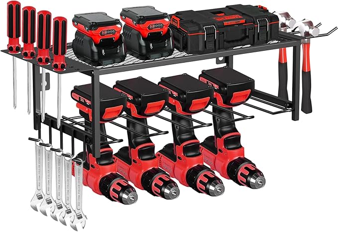 Lisgicabin Power Tool Organizer Wall Mount, Heavy Duty Drill Storage Rack with 4 Drill Holders and Drill Bit Rack, Efficient Drill Storage for Garage, Tool Room, and Workshop,2layer-Black