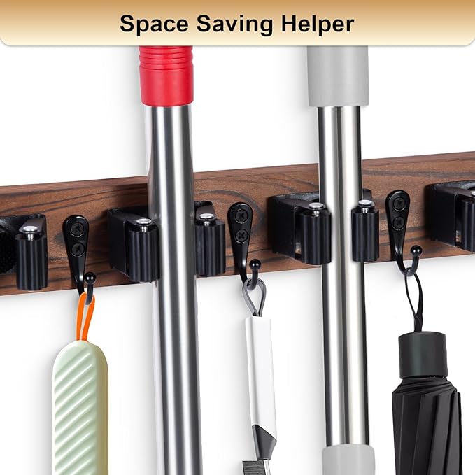 Broom Holder Wall Mount With 5 Slots & 4 Hooks,Rustic Wood Broom & Mop Hanger,Wall Mounted Garden & Garage Tool Storage Organizer Rack for Closet Laundry Room or Kitchen Wall Decor