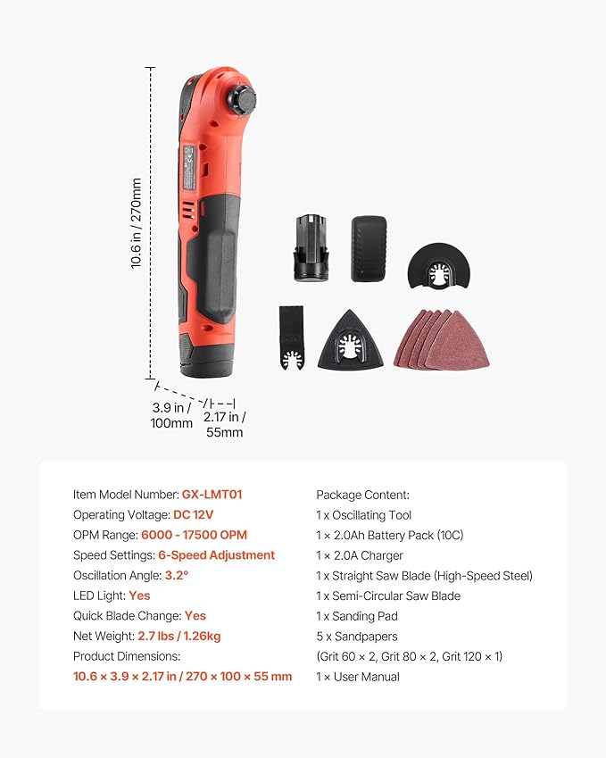 VEVOR Cordless Oscillating Tool, 12V Multitool Oscillating Saw Tool with 6 Variable Speeds 6000-17500 OPM, 3.2° Oscillation Angle, 2.0Ah Battery Pack & Charger, 8PCS Saw Accessories & LED Work Light