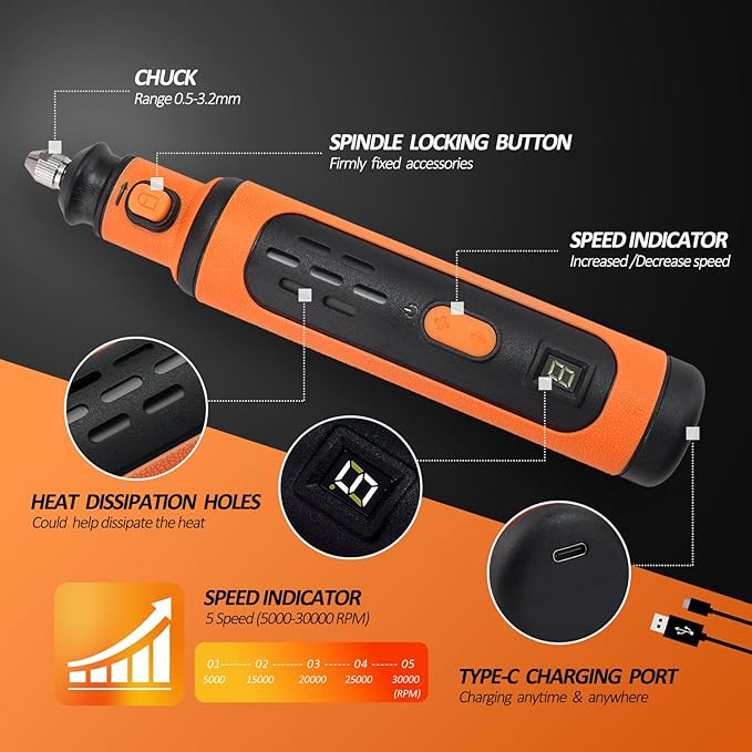 8V Cordless Rotary Tool Kit, 5-Speed rechargeable Kit, USB Charging with 79 Accessories Multi-Purpose Power Tool for Sanding, Polishing, Drilling, Etching, Engraving, DIY Crafts