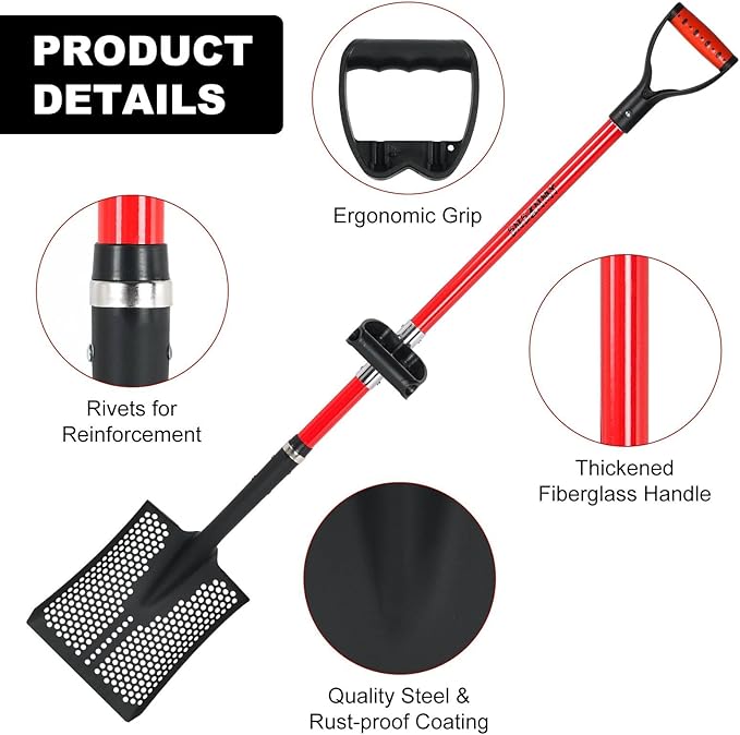 Sifting Shovel, Heavy Duty Sand Sifter Shovel with Ergonomic Grip for Beach, Farm and Garden, Chicken Coop Poop Scooper - 53.2 inch