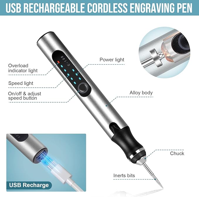 Electric Engraving Pen with 37 Bits, USB Rechargeable Cordless Engraving Machine, Portable DIY Rotary Engraver for Jewelry Wood Glass Stone Carving (Silver)