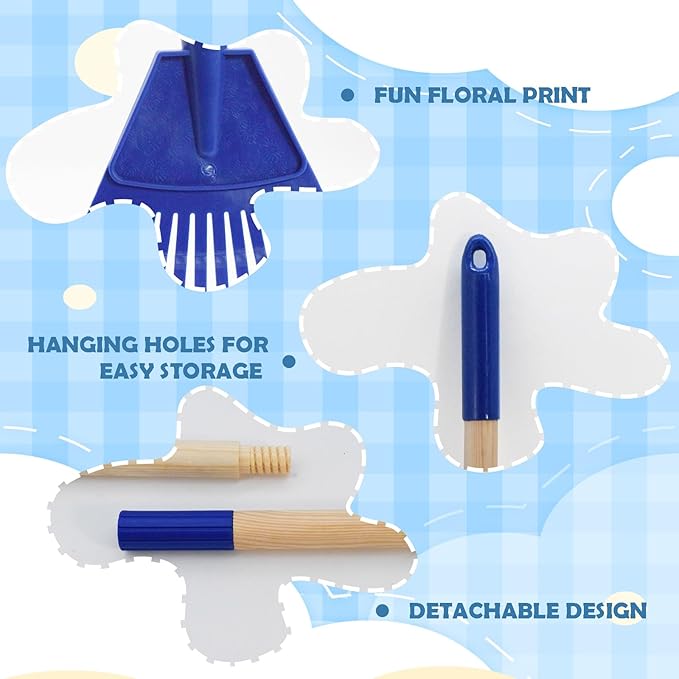 Kids Leaf Rake - 3-Section Adjustable Handle, Lightweight, Wood & Plastic, Small Garden Tool for Children (Blue)