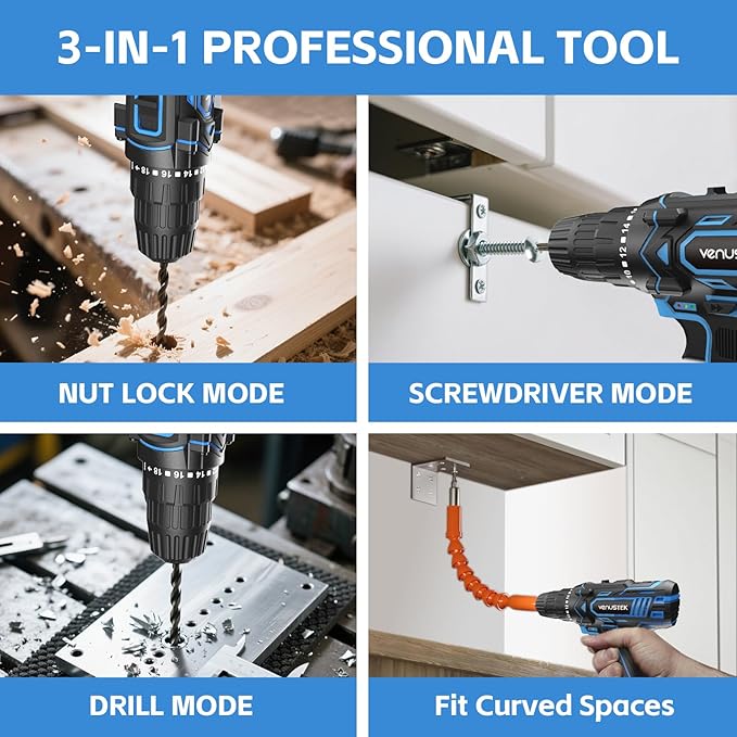 Cordless Drill Set, 12V Power Drill with 2.0Ah Battery and 2-Speed, 30Nm Torque, 25+1 Clutch Settings, 3/8" Keyless Chuck, Blue Electric Drills for Home DIY, Wood, Metal, Plastic Drilling