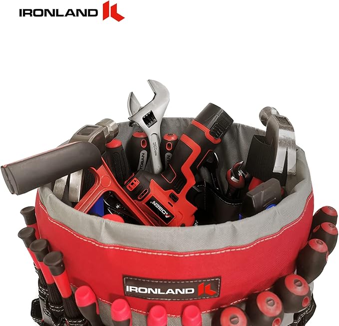 IRONLAND Bucket Tool Organizer Fit 3.5-5 Gallon Bucket, 51 Pockets, Bucket Tool Caddy Organization for Garden, Construction, Carpenter, Electrician, Builder Red & Black