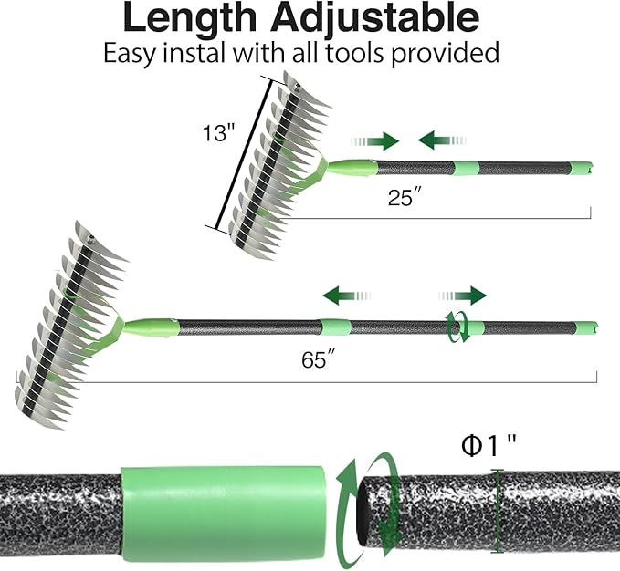 Thatch Rake for Lawns, Dead Grass Dethatcher Rake Removal Tool Heavy Duty Long Handle 54 inch, 13 inch Wide 11 Tines Manual Lawn Thatcher for Loosening Soil in Yard Garden