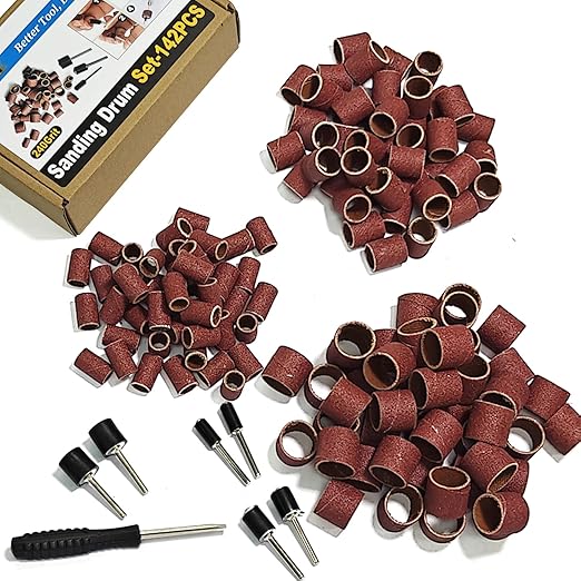 Asieg Tool Sanding Drum Kit 142Pcs 240Grit, 1/2" & 3/8" & 1/4" Diameter Drum Sanding Band with 3.17mm Shank Mandrels for Drill Dremel Rotary Tools Nails Drill