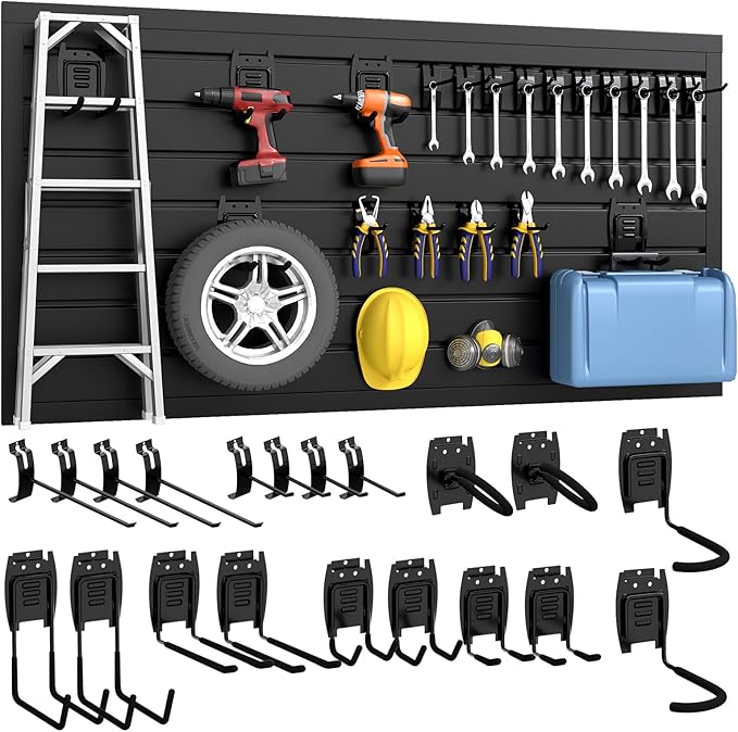 DoCred Slatwall Paneling Organizer, 4x2 FT PVC Garage Slat Wall Storage Systems, Heavy Duty Mounted Slat Peg Board for Tool Organization Ladder Bike Includes 20 PCS Hooks Accessories Kit (Black)