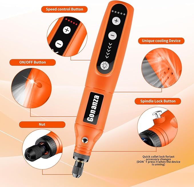 GONANZA Mini Cordless Rotary Tool Kit - 5-Speed, 3.7V Power Supply with LED Light 62 Accessories for Engraving, Sanding, Polishing, Type-C Rechargeable Perfect for DIY Crafts and Precision Work