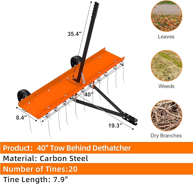 40" Tow Behind Lawn Dethatcher, Pull Behind Rake with 24 Rust-Proof Tines and Heavy Tires, Lawn Tractor Rake with Lift Handle, Tow Behind Rakes to Remove Thatch, Leaves from Large Lawn Area
