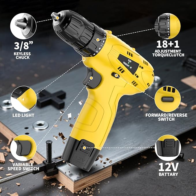 Tegatok Cordless Drill Set,12V Power Drill Set with Battery and Charger, Electric Driver Drills Bits, 3/8'' Keyless Chuck,18+1 Torque Setting with LED Electric Drills Set, Yellow