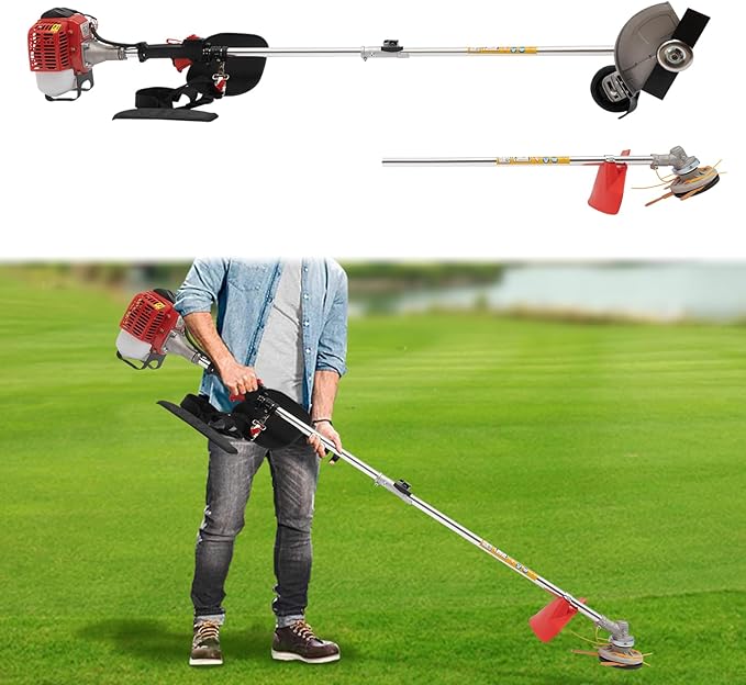 26cc 2-Stroke Gas Weed Trimmer, Air-Cooled 2-Stroke Cordless Lawn Edger Gas String Trimmer with Handle & Shoulder for Lawn & Edging (2 Blade Heads)