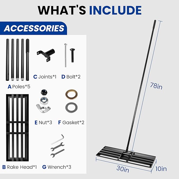 Lawn Leveling Rake, 30x10 Inch Carbon Steel Soil Leveler with 78" Adjustable Long Handle, Perfect for Yard, Golf Field, Dirt & Ground Surfaces