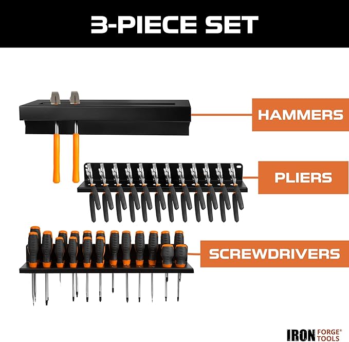Iron Forge Tools Metal Hand Tool Organizer, Hammer & Pliers and Screwdriver Storage Rack - Wall Mounted Holder for Workshop, Organizer and Storage