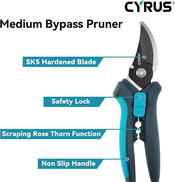 CYRUS Pruning Shears for Gardening 8" Pruners Trimming Scissors Non Stick Coating Blade Carbon Steel with Anti Slip Handle Scissors Widely Used for Gardening, Hydroponics, Grow Tents-CYRUS