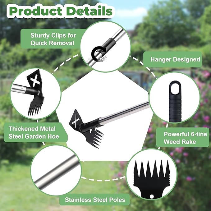 Long Handle Weed Puller Tool, 2-in-1 Handle Garden Hoe and Weed Rake, Adjustable Handle, Hoe Garden Tool for Home Gardens, Lawns, and Yards, Heavy Duty Weed Remover Tool for Gardening Planting