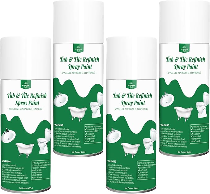 styleonme Tub and Tile Spray Paint White, 450ml * 4 pack, Diy Countertop Paint kit, Suitable for Ceramic, Porcelain, Fiberglass, Bathtub, Tile, Bathroom wall Repair Spray Paints