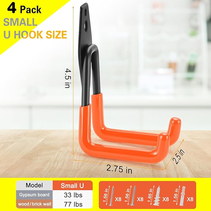 4 Pack Heavy Duty Garage Hooks Storage Organizer Wall Mount Power and Garden Tool Hangers, for Hanging Ladders, Ropes, Hose, Bulk Items