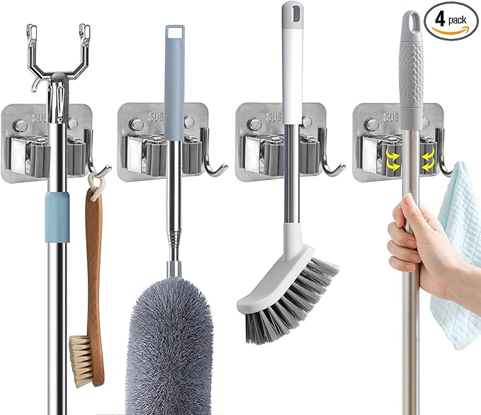 Broom Holder Wall Mount with Screws (4 Pack) Broom and Mop Organizer Wall Hanging, Anti-Slip Mop Holder Broom Hanger with Hooks, Stainless Steel Tool Rack for Garden Garage Organization