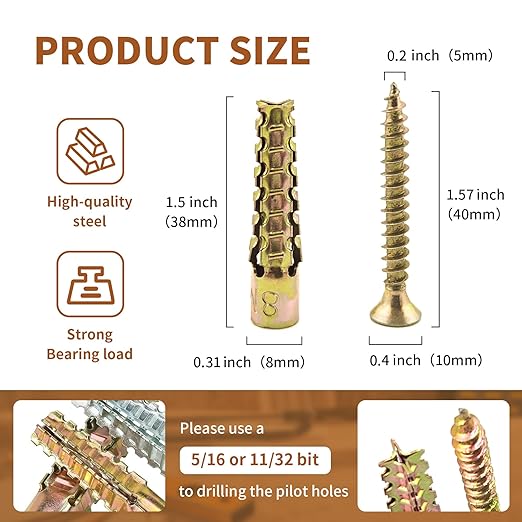 65 Packs Heavy Duty Hollow Wall Anchors with Screws, Loose Hinge and Stripped Hole Repair Kits (8x38mm)