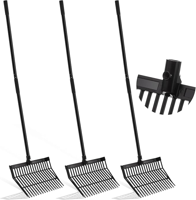 Lasnten 3 Sets Manure Fork with Long Metal Handle Pitch Fork Manure Rake Heavy Duty Muck Rake for Gardening Horse Stall Stable Grass Hay Cleaning Farm Work(Black)