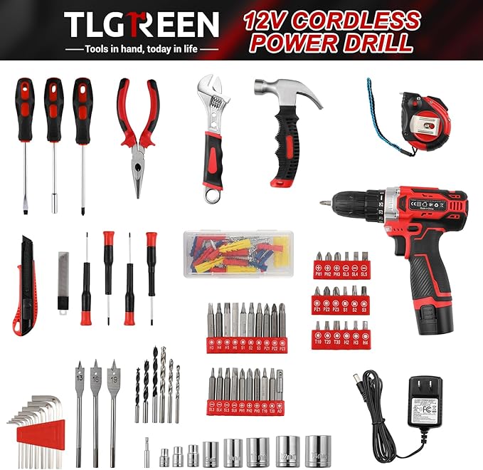 TLGREEN 138 Pcs Tool Set with 12V Cordless Drill –Power Hand Tool Kit with Magnetic Drill Bit Set, 2-Speed Control & Fast Charging,Home Tool Kit for DIY, Repairs,Lightweight Toolbox for Men & Women