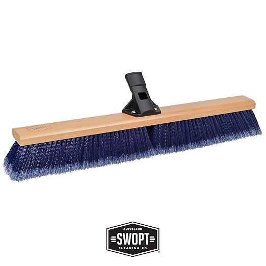 SWOPT 10" Rough Surface Deck Brush, 24" Multi-Surface Push Broom + 60" EVA Foam Comfort Grip Wooden Handle, Broom Kit Combo — 2 Cleaning Heads and Long Handle Interchangeable with SWOPT Cleaning Head