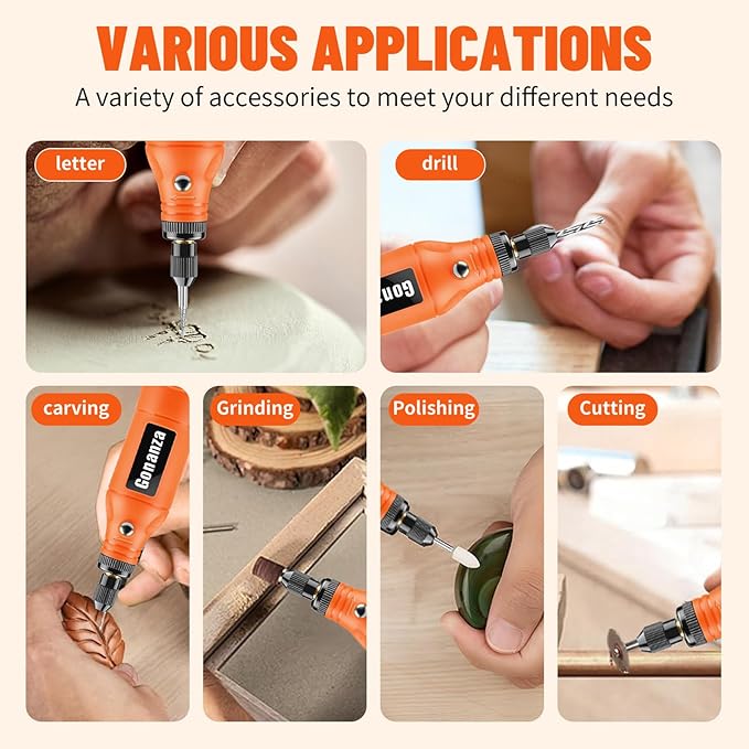 GONANZA Mini Cordless Rotary Tool Kit - 5-Speed, 3.7V Power Supply with LED Light 62 Accessories for Engraving, Sanding, Polishing, Type-C Rechargeable Perfect for DIY Crafts and Precision Work