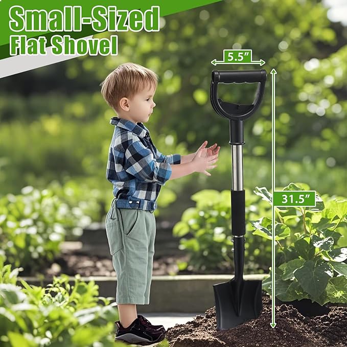Garden Flat Shovel, 31 Inch Small Metal Square Shovel for Lawn Edging Digging Trenching Transplanting, Heavy Duty Compact Gardening Spade with D-Handle for Beach, Kids, Car, Light Garden Work