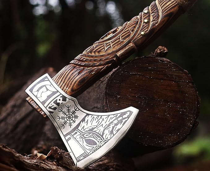 Viking Axe | Hand-Forged Carbon Steel Tomahawk with Rosewood Handle & Leather Sheath, Bearded Axe for Camping, Bushcraft, Throwing, Gifts for Men (Wood)