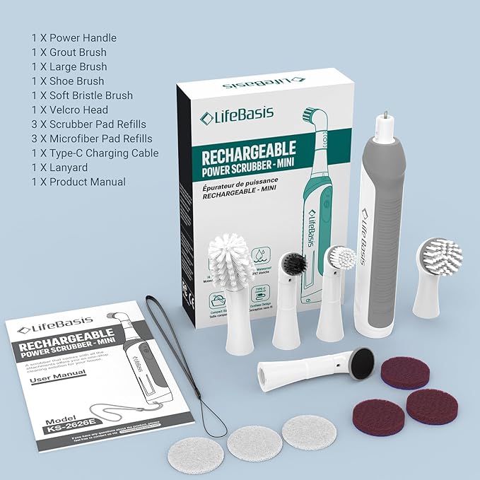 LifeBasis Rechargeable Power Scrubber, Cordless Electric Cleaning Brush, Water Resistant Small Electric Grout Brush with 5 Brushes for Home/Kitchen/Bathroom/Grout/Tile/Shower/Tub, White