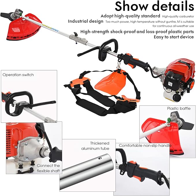 Weed Eater Gas Powered 52cc - 2 Cycle, 5 in 1 Grass Trimmer, Gas Hedge Trimmer, String Trimmer, Brush Cutter, Pole Saw with Extension Pole, Multi Functionallandscaping Tools & Equipmen Red