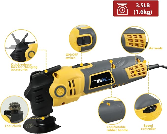 NEWONE Anti-vibration Oscillating Tool 4 Amp Oscillating Multi-Tool Kit with 4° Oscillation Angle,6 Variable Speed with 5-piece Electric Multitool Blades (Yellow Black)
