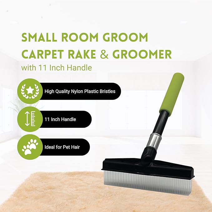Small Room Groom Carpet Rake and Groomer with 11 Inch Handle, Portable Design, Carpet Brush Ideal for Pet Hair, Refreshing High Pile Carpets, Stairs, Furniture, Rugs, and Artificial Turf