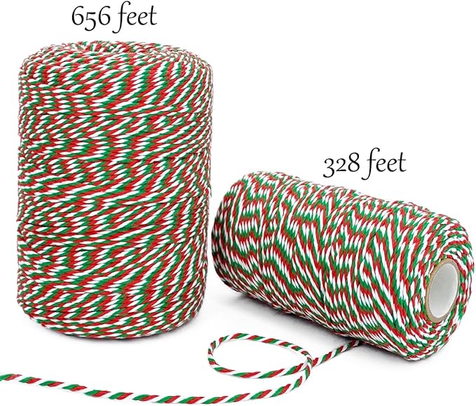 Cotton Twine Green Red and White Baker String 2mm Thick 328 Feet Christmas Twine for Gift Wrapping DIY Crafts Home Decoration Gardening