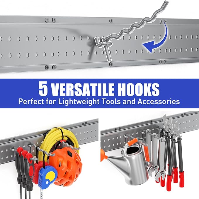 Garage Tool Organizer Wall Mount 64 inches with 13 Adjustable Heavy-Duty Hooks, Garage Organization, Garden Tool Storage Rack, Yard, and Shed, Holds Up to 520 lbs (Grey)