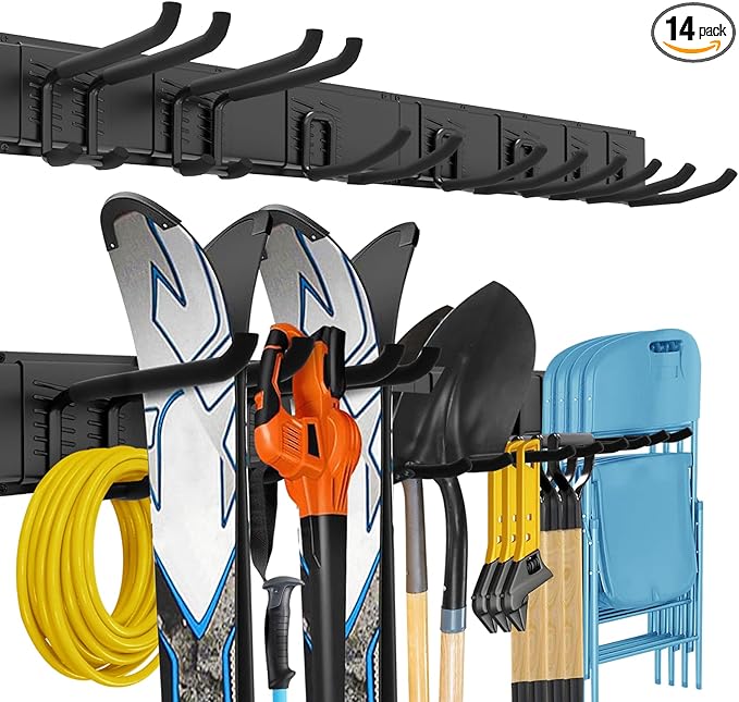 Garage Tool Organizer Wall Mount, 64 Inches Garden Tool Organizer with Adjustable Hooks, Metal Garage Storage Rack Max Loading 620lbs, Tool Holder for Hanging Rake Broom Mop Snowboard