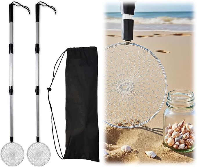 QMARK Sand Sifter Set with Travel Bag, Telescopic Beach Shell Scoop, 15-30 Inch Adjustable Shovels, 2 Pack